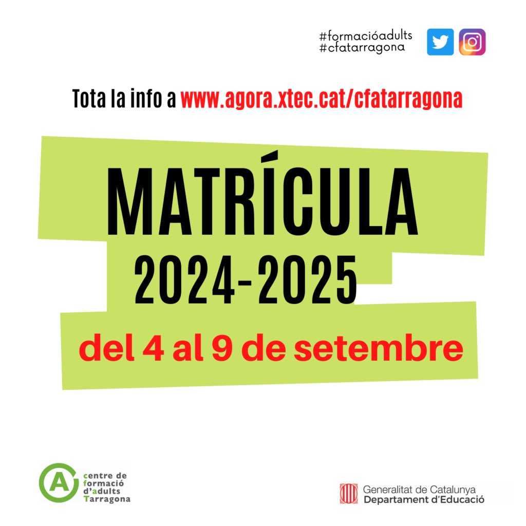 Matrícula d’alumnat admès  I DESPRÉS DE LA PREINSCRIPCIÓ, QUÈ FAIG?
T’has de matricular DEL 4 AL 9 DE SETEMBRE
Com he de fer la matrícula?
Presencialment al centre, entre el 4 i el 9 de setembre, de 9:00 a 13:00 hores.