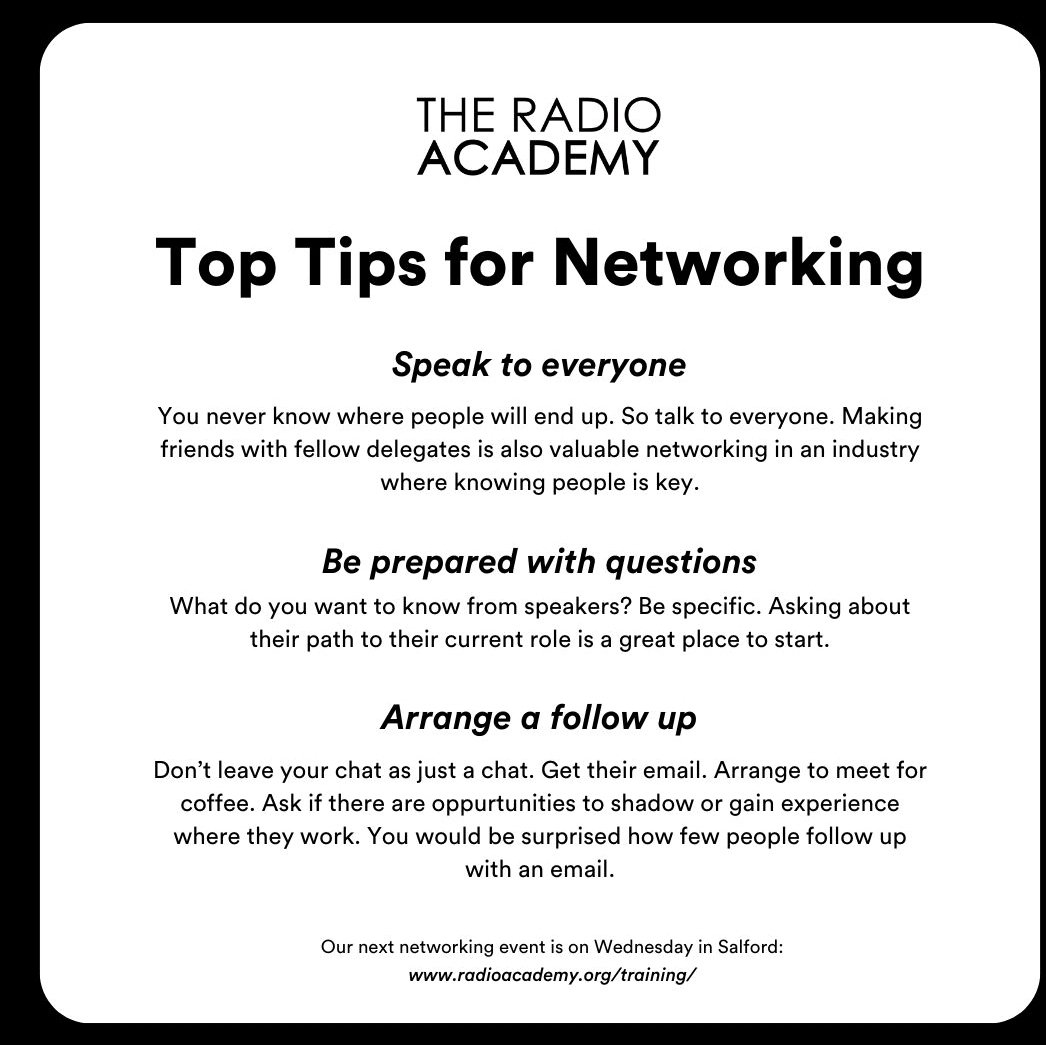 If you're coming to The <a href="/radioacademy/">The Radio Academy</a> #Yorkshire Summer Social at the <a href="/UniversityLeeds/">University of Leeds</a>, then these tips for networking might come in handy. 

There's still time to get your FREE ticket. Click the Web link in our bio.