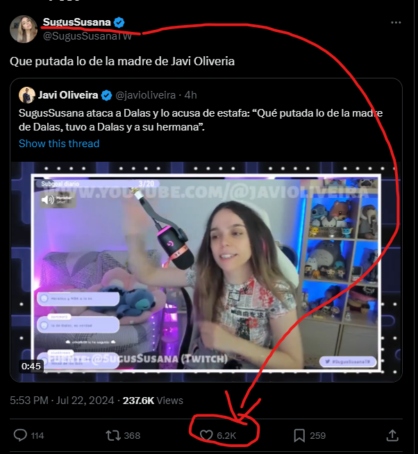 criogenizado_'s tweet photo. Acompañadme en esta triste historia. Javi en su afán de defender a Dalas intentando intimidar a SugusSusana con un tweet, ha quedado como un meme. 400 likes vs 6200. Nadie les tiene miedo ya a estos 2 Bullys. Dalas y Javi Oliveira son dinosaurios a las puertas de la extinción. https://t.co/V1tQl3fOVk
