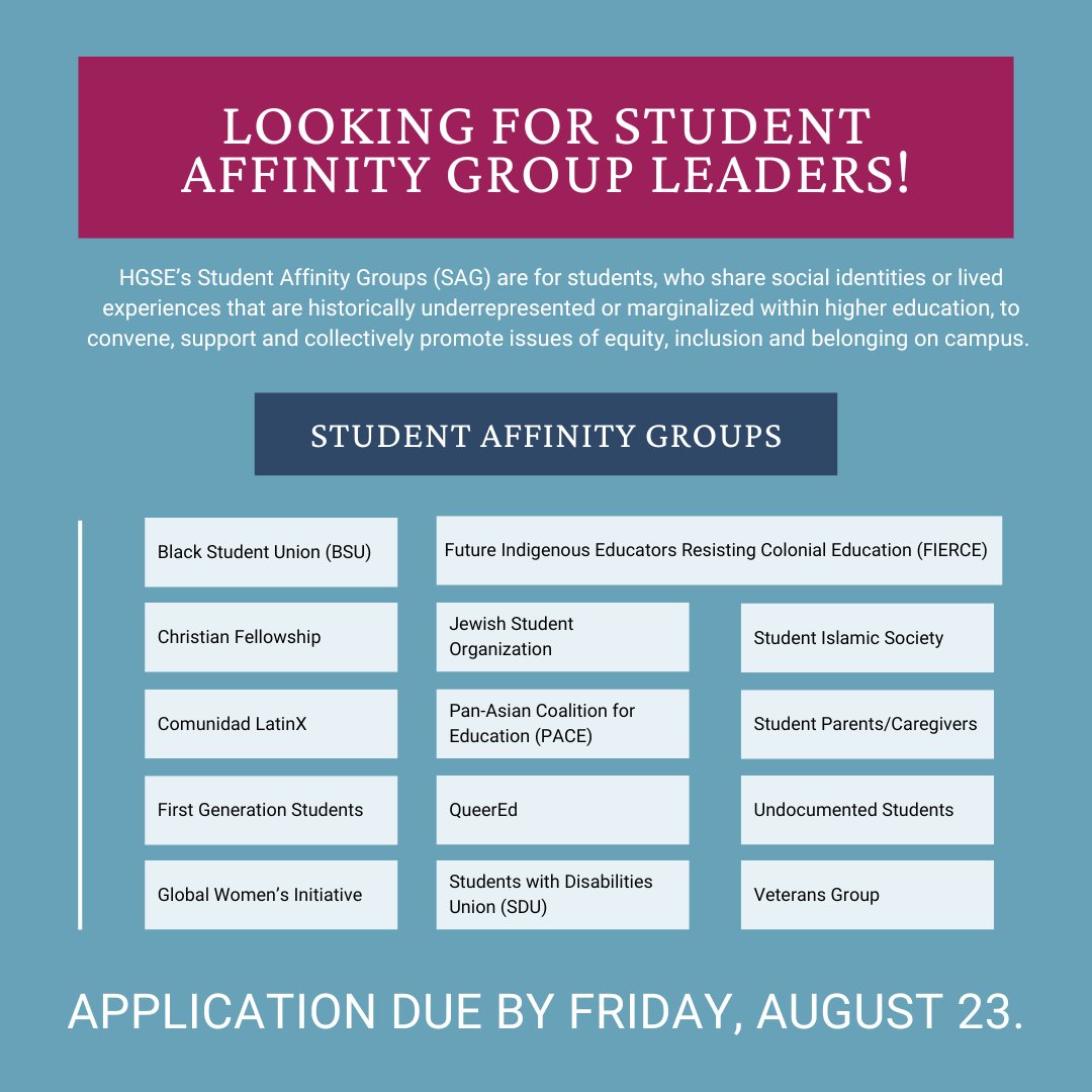 Applications are open for HGSE's student affinity group (SAG) leadership! 

Leaders receive a stipend for their work &amp; access to professional development opportunities. Full role description available on the application: bit.ly/sag2425

Applications are due Friday, 8/23.