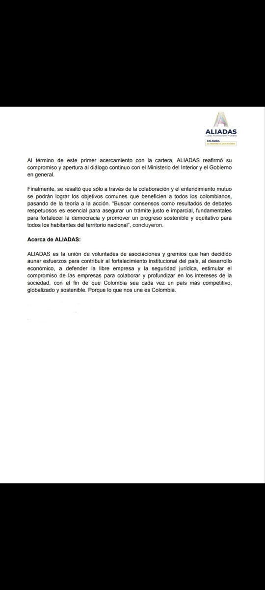 #Hoy nos reunimos con <a href="/MinInterior/">MinInterior Colombia</a> donde ALIADAS solicita avanzar de diálogos a consensos que generen compromisos. Celebramos la apertura a discusiones respetuosas que permitan la diversidad de opiniones. Este enfoque es esencial para generar acciones que beneficien a la mayoría.