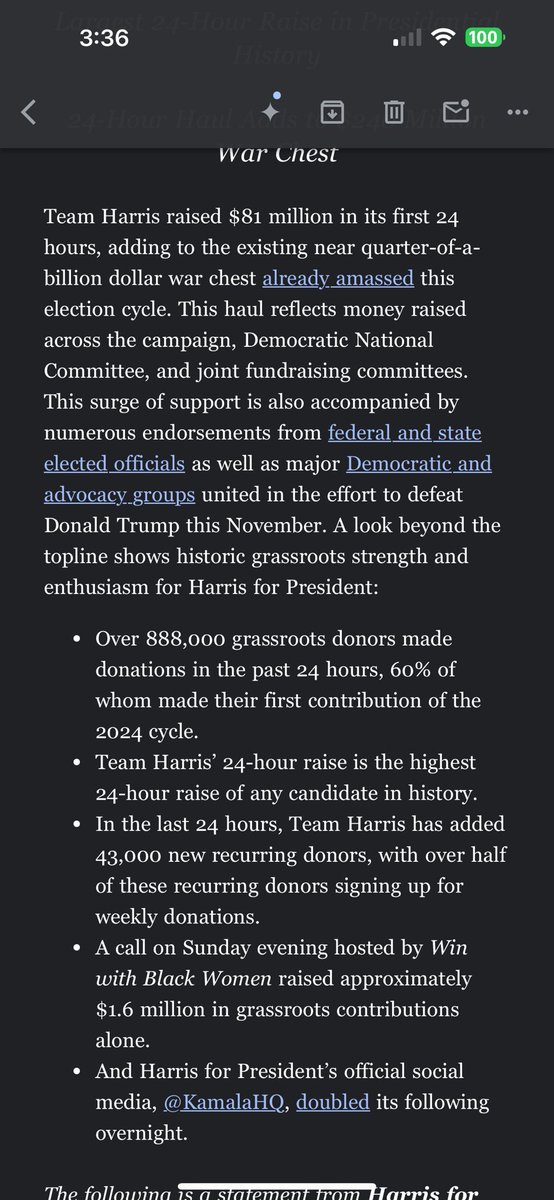 JUST IN: Harris for President announces they raised $81M in the first 24 hours of the campaign, noting: “Over 888,000 grassroots donors made donations in the past 24 hours, 60% of whom made their first contribution of the 2024 cycle.”