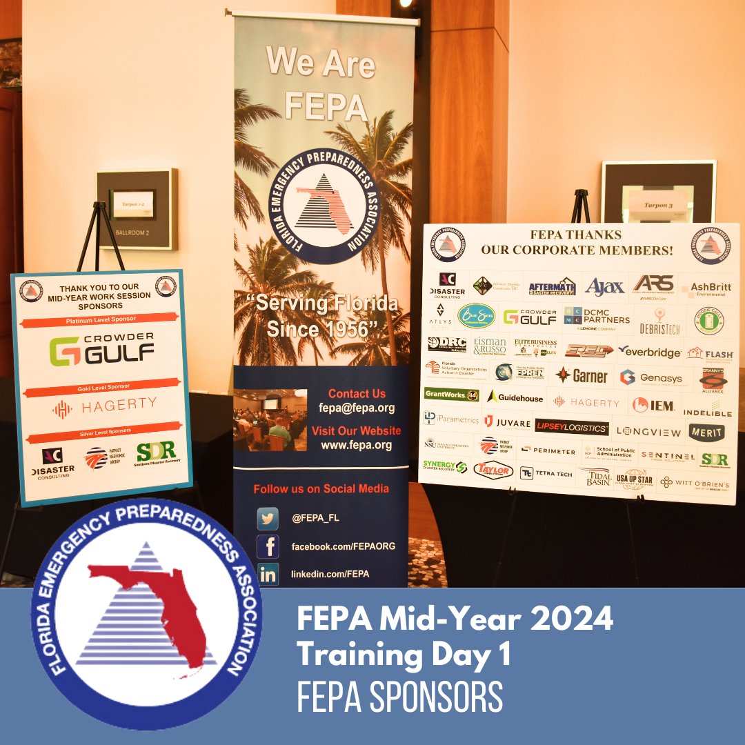 Welcome to the FEPA Mid-Year 2024 Work Session Training Day 1! Today we're hosting the County EM Director Training and the Radiological Emergency Preparedness Working Group Meeting at the beautiful Westin in Cape Coral. #WeAreFEPA