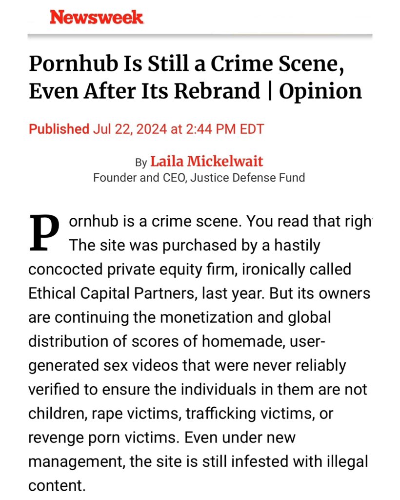 LailaMickelwait's tweet photo. Newsweek bombshell just dropped: 

It’s time for P*rnhub to be SHUT DOWN and its executives thrown in prison.  

My book TAKEDOWN exposing the unfiltered truth about this predatory company is out tomorrow. 

https://t.co/priT9wEAHe https://t.co/kYgMfSUHCd