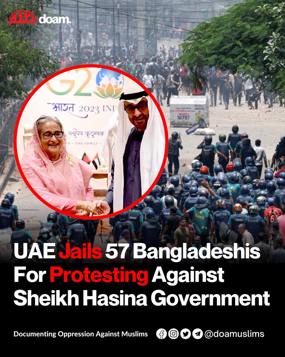 doamuslims's tweet photo. 🚨 #UAE Jails 57 Bangladeshis For Protesting Against Sheikh Hasina Government

The United Arab Emirates has imprisoned 57 Bangladeshis, three of whom have been given life sentences, for protesting against the government of their home country.

The Abu Dhabi Federal Court of Appeal handed out the three life sentences, as well as 10-year prison terms for 53 others, for participating in demonstrations. 

Those convicted will be deported to #Bangladesh at the end of their sentences.

#QuotaReform #QuotaProtest #StepDownHasina #Bangladesh #SaveBangladeshiStudents #Dhaka #QuotaReformMovement
