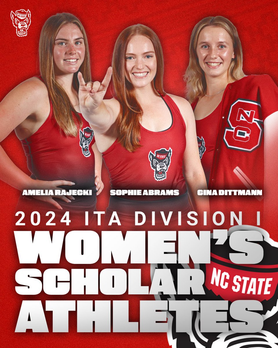 PackWTennis's tweet photo. A's in the classroom, aces on the court!

NC State women's tennis was named an ITA All-Academic Team, and Sophie Abrams, Gina Dittmann, and Amelia Rajecki were recognized as ITA Scholar Athletes.

📰: https://t.co/LhQzxIwbUY

#GoPack https://t.co/HJ3iC5JU5x