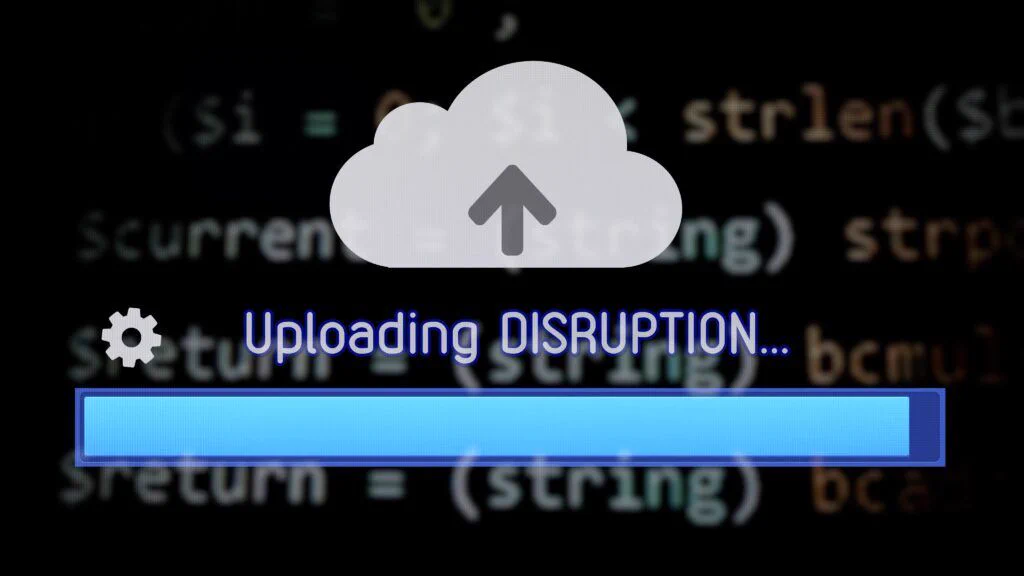 Uploading disruption to the cloud. Background: source code pc screen.