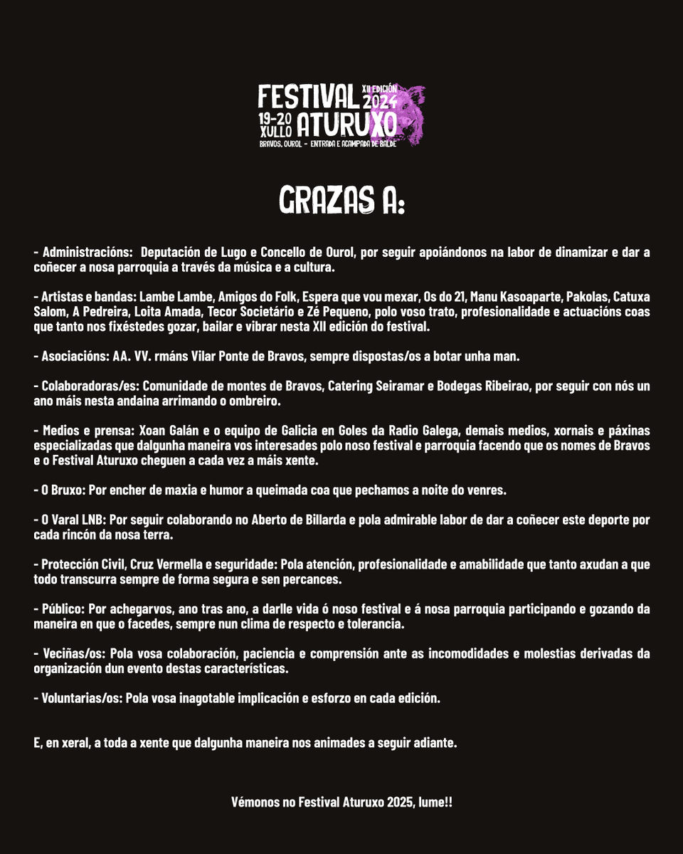 festivalaturuxo's tweet photo. GRAZAS
#festivalaturuxo2024 #xii_edición #fa2024 #debalde #festivalmúsicagalega #culturagalega #músicagalega #músicanorural #festivalnorural #bravos #ourol https://t.co/U7unJ8XPLt