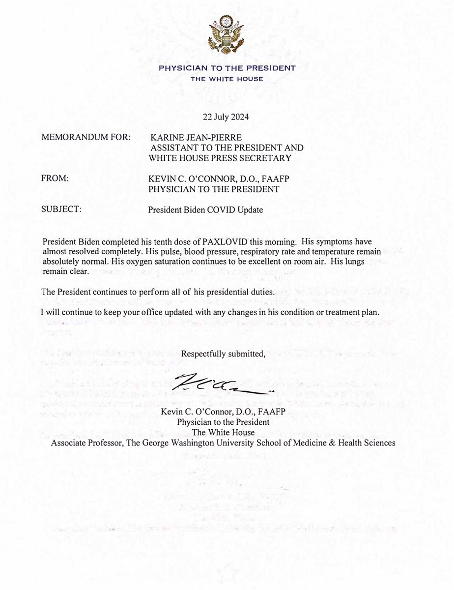 WhiteHouse46's tweet image. President Biden’s COVID symptoms have almost resolved completely, and he continues to perform all of his presidential duties. An update from Dr. Kevin O’Connor, Physician to the President.