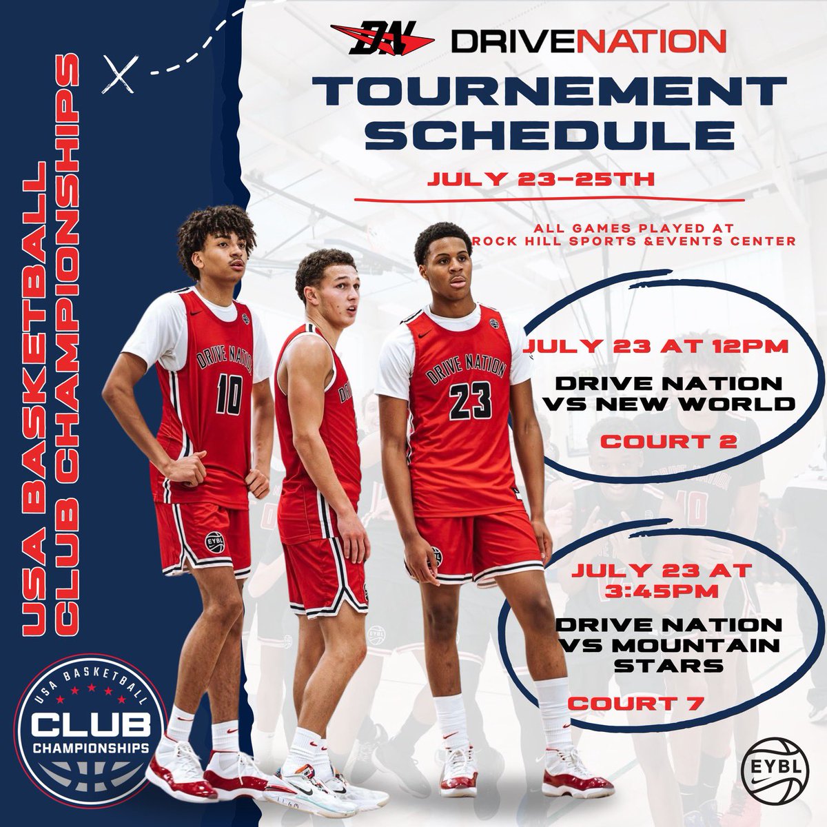 DriveNation_E15's tweet photo. 🔴⚫️Last one of the Summer- DN 16U Official Schedule⚫️🔴
-
🌐U.S.A. Basketball Club Championship
🏟️Rock Hill Sports & Events Center
📍Rock Hill , SC
-
#EYBL #drivenationbasketball #nikebasketball https://t.co/tNFVU0zFa2