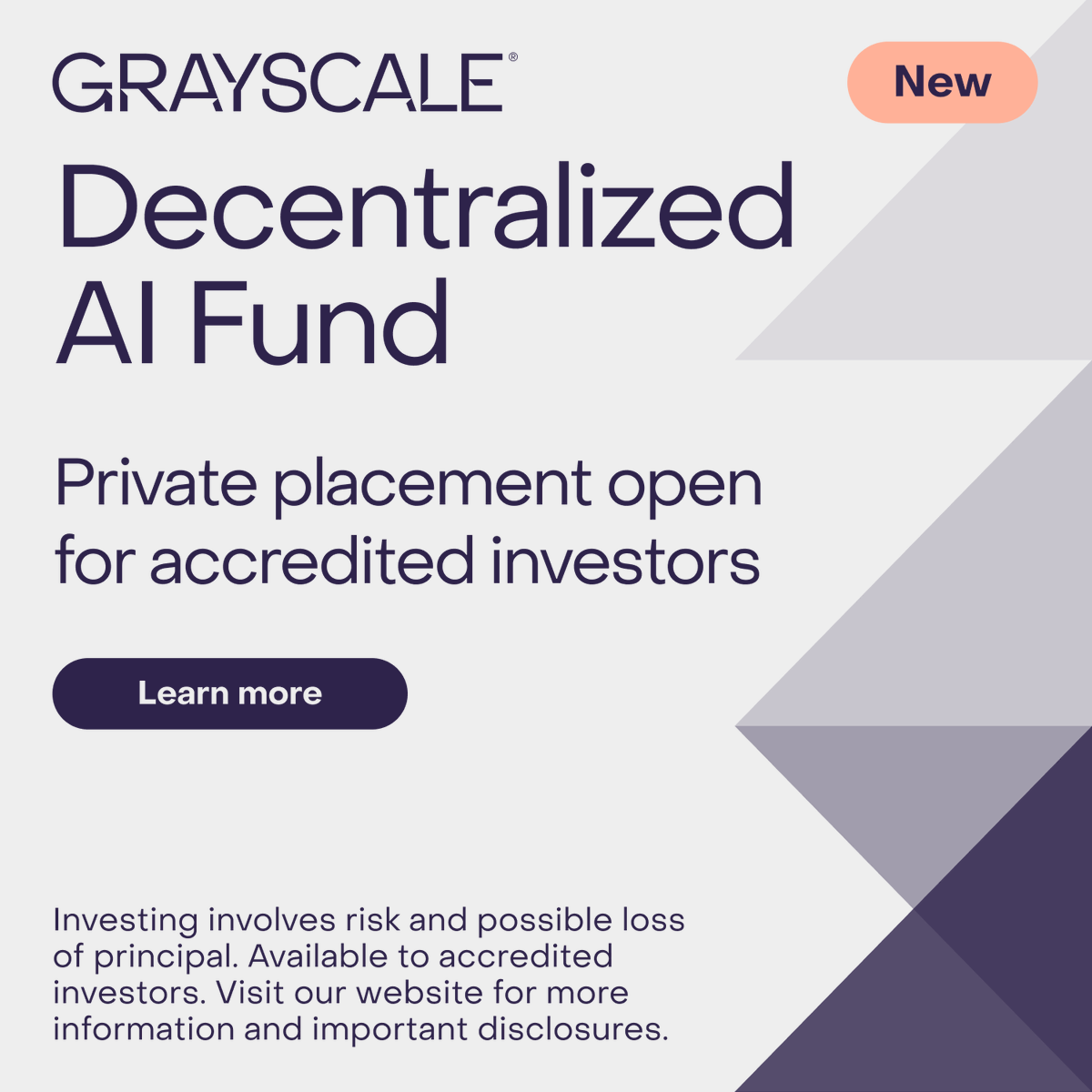 Our newest product, Grayscale Decentralized AI Fund, is now open to  accredited investors. Get diversified exposure to the intersection of AI  and crypto with fund holdings: $NEAR $RNDR $FIL $LPT $TAO. See