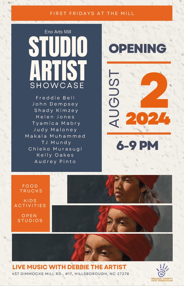 Next Month's First Friday: August 2nd, 6-9pm at the Eno Arts Mill!
🖼 Eno Arts Mill STUDIO ARTIST SHOWCASE 
🎶 Debbie the Artist
🍴 Blu Lotus Thai 
🖌 Free Art Activity w/TJ Mundy &amp; Shady Kimzey
🎈Free Kids Activities
🎨 Open artist studios

🔗artsorange.org/enomill/monthl…