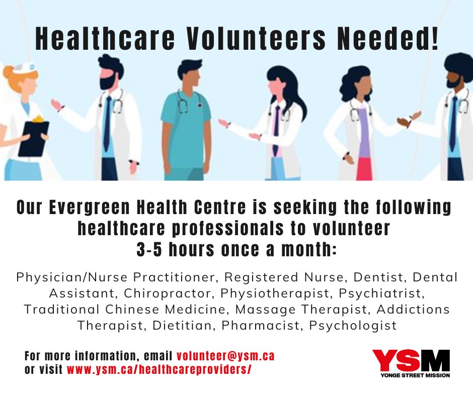 YSM is seeking Healthcare Volunteers, i.e. Registered Nurse, Chiropractor, to join our Evergreen Health Centre Team! We provide no cost, barrier-free health services for vulnerable youth aged 16-24. If interested, contact volunteer@ysm.ca or visit ysm.ca/healthcareprov…. #YSM