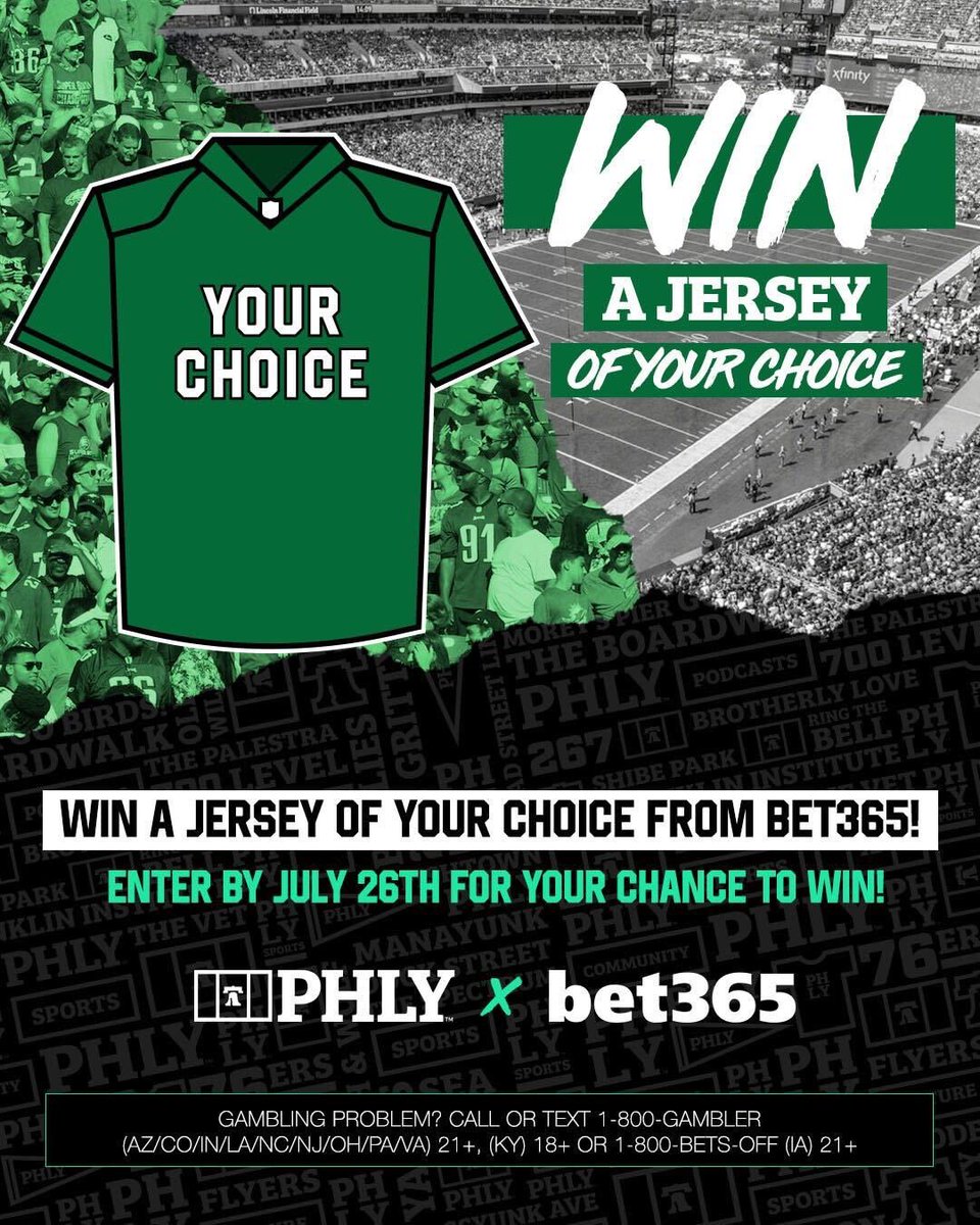 ‼️ EAGLES GIVEAWAY ‼️

To kick off this exciting new partnership, <a href="/bet365_us/">bet365 US</a> is giving away an Eagles jersey OF YOUR CHOICE 🤯

Here's how to enter ⬇️
1. RT this post
2. Follow <a href="/bet365_us/">bet365 US</a> 
3. Follow <a href="/PHLY_Sports/">PHLY Sports</a> 

Must be 21+ | T&amp;Cs: bit.ly/bet365xPHLY