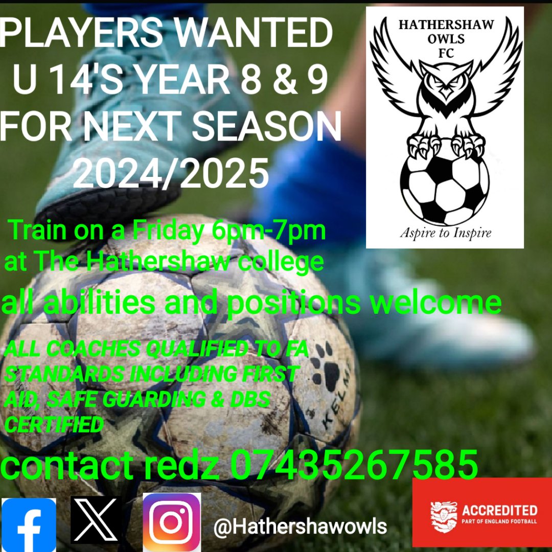 Hathershaw owls are looking for players to strengthen their u14's squad,training is on a Friday 6pm-7pm at The Hathershaw college and we play on a Sunday in the EMJFL for more information please contact redz 07435267585
<a href="/Oldham_Hour/">Oldham Hour</a>