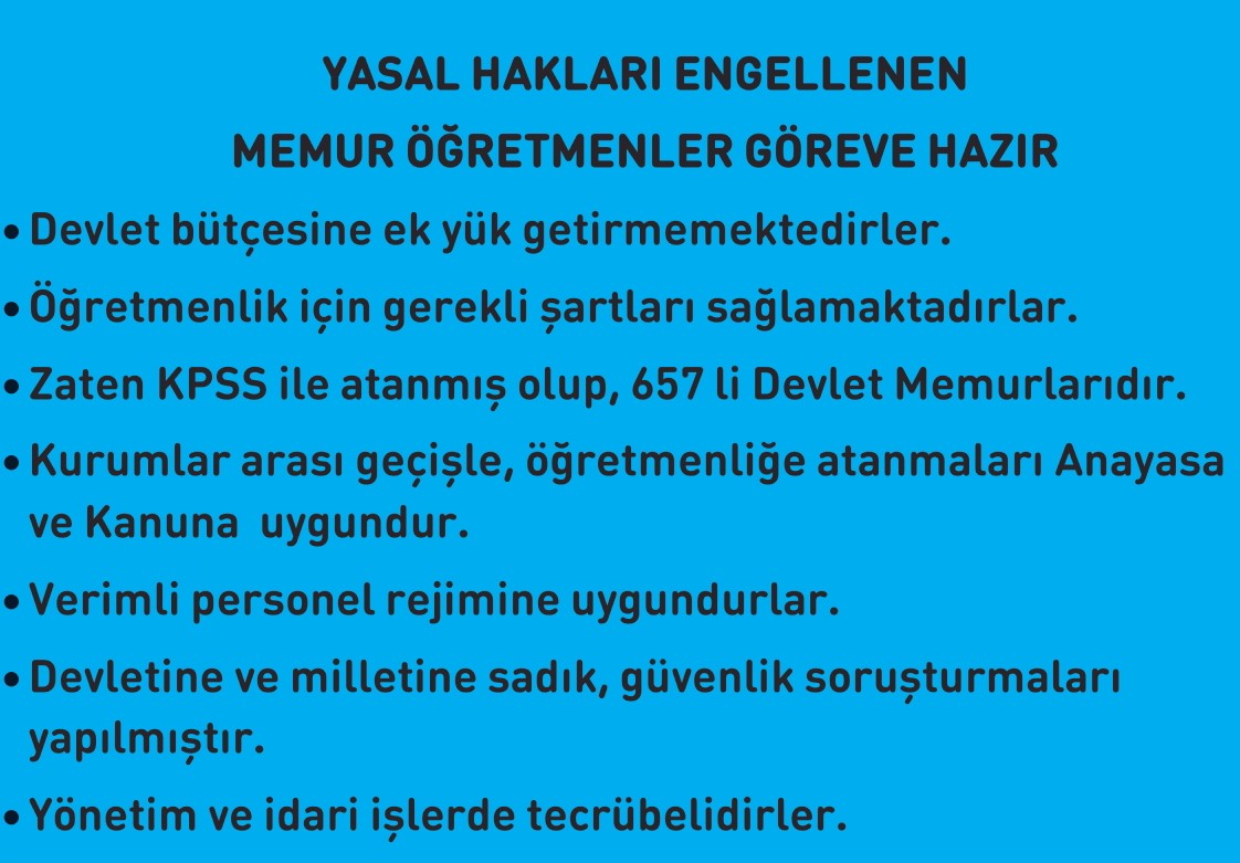 <a href="/MOB_Atama/">MEMURÖĞRETMENLERBİRLİĞİ</a> @_ozgedemir_ <a href="/Yusuf__Tekin/">Yusuf Tekin</a> <a href="/kemalsamlioglu/">Kemal ŞAMLIOĞLU</a> <a href="/yilmaznazif/">Nazif Yılmaz</a> <a href="/farukyelkenci/">Ömer Faruk Yelkenci</a> <a href="/tcmeb/">Millî Eğitim Bakanlığı</a> <a href="/mehmetucum/">Mehmet Uçum</a> <a href="/saadetoruc/">Saadet Oruç</a> <a href="/CBegitimogretim/">TCCB EĞİTİM VE ÖĞRETİM POLİTİKALARI KURULU</a> <a href="/edipuzen/">Edip Üzen</a> <a href="/talatyavuz29/">Talat YAVUZ</a> <a href="/RamazanCakirci/">Ramazan Çakırcı</a> <a href="/EgitimBirSen/">Eğitim-Bir-Sen</a> <a href="/egitimajansi/">Eğitim Ajansı</a> @ekremhelvaci55 <a href="/m_tahtasiz/">Mehmet Tahtasız</a> <a href="/avidrissahin/">Av. İdris Şahin</a> #MemurÖğretmenler
12 yıldır sabırla, umutla mücadele ediyoruz.Engellenen hakkımız iade edilmelidir  #MemurÖğretmenler bu  tasarruf döneminde, masrafsız çözümdür.Bu 12 yıllık zulüm bitsin. Büyük bir özlemle önemli öğrencilerimize kavuşmayı bekliyoruz