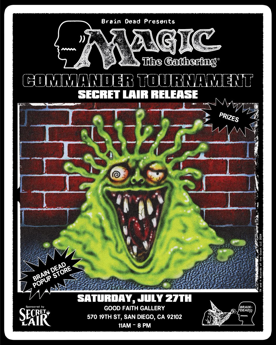 MTGSecretLair's tweet image. The third annual Brain Dead Magic: The Gathering Pre-Con Commander Tournament is happening in San Diego, CA on Saturday, July 27 during Comic Con, sponsored by Secret Lair!

Sign up now at shorturl.at/RMlGJ