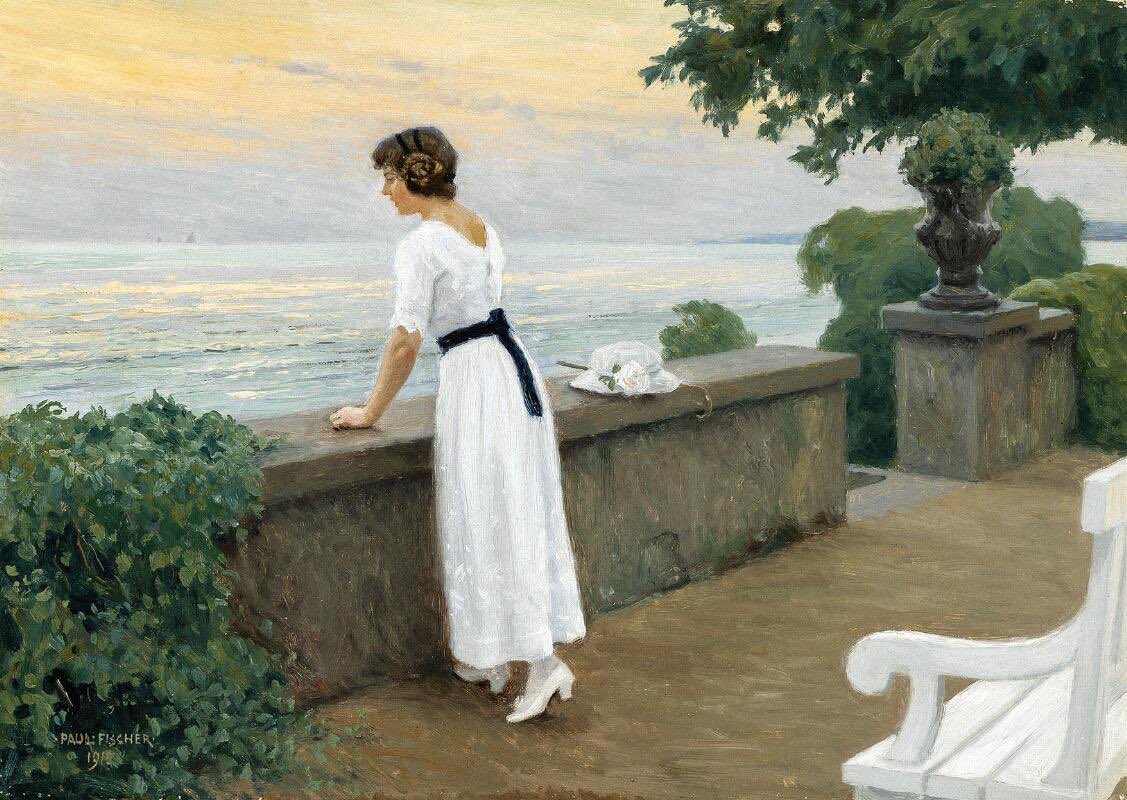 Cassini_jon's tweet photo. Paul Gustav Fischer (1860 - 1934)

The artist's wife Musse in a white summer dress standing on the terrace looking at the sunset over the sea, 1915l https://t.co/UoWtUeKt1z