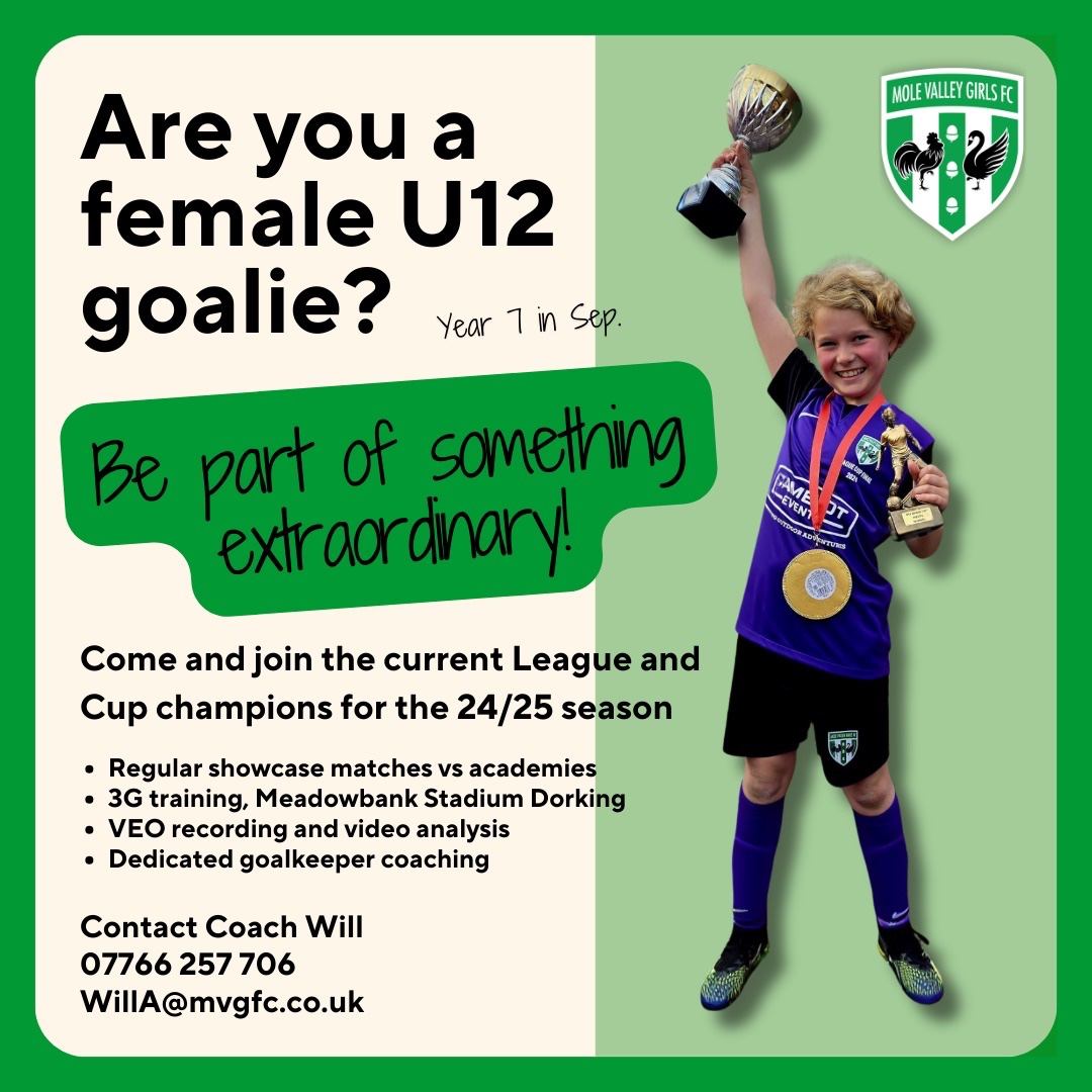 My daughter’s team <a href="/MoleValleyGirls/">Mole Valley Girls FC</a> U12 Whites are looking for a goalie. If you can share this with anyone you think might be interested that would be great 😊

<a href="/girls_trials/">Girls & Womens Football Trials</a> <a href="/SCWGL/">Surrey County Womens & Girls League 🙋‍♀️</a> <a href="/trials_uk/">Girls Football Trials UK</a>