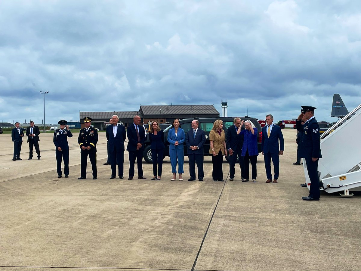 gardnerakayla's tweet photo. Everyone greeting Harris on the tarmac in Delaware for her first campaign stop seeking the nomination: 

- Governor John Carney (D-DE)
- Senator Tom Carper (D-DE)
- Martha Carper, Spouse of Senator Tom Carper
- Senator Chris Coons (D-DE)
- Congresswoman Lisa Blunt Rochester (D-DE)
- Attorney General Kathy Jennings (D-DE)
- Secretary of State Jeffrey Bullock (D-DE)
- Mayor Mike Purzycki (D-Wilmington, DE)
- Major General Michael R. Berry, The Adjutant General, Delaware National Guard