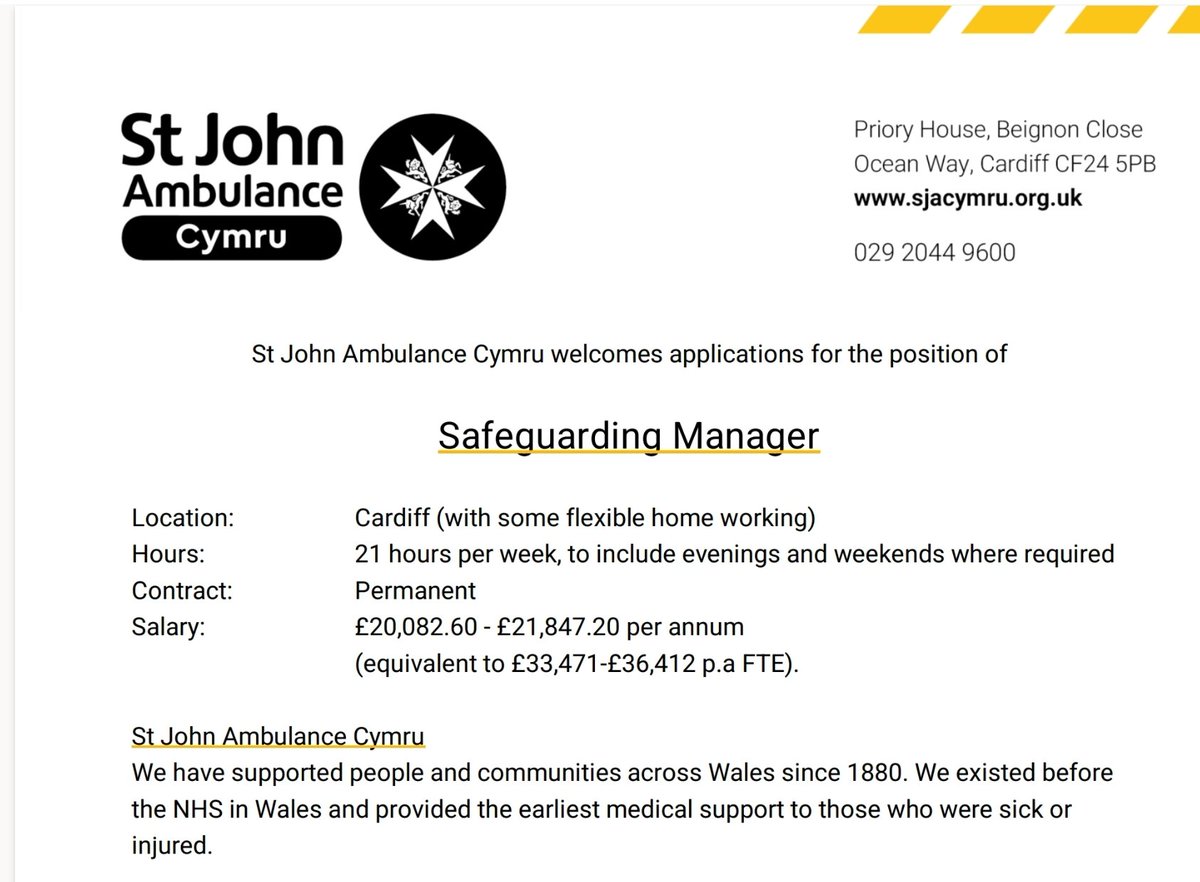 We are looking for our new Safeguarding Manager <a href="/SJACymru/">St John Ambulance Cymru</a>. It's a key role making sure our #StJohnPeople in our ambulance, falls, events &amp; youth teams plus all those we help are safe across Wales. Head to our website or <a href="/NHS_Jobs/">NHS Jobs</a> to apply.