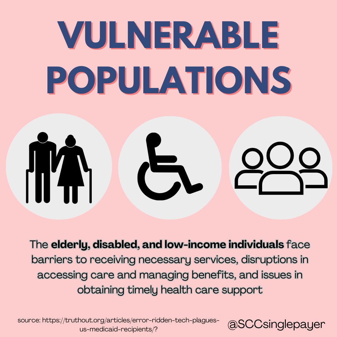 SCCSinglePayer's tweet photo. Technical Challenges for Medicaid Recipients especially affect vulnerable populations, but they can be eliminated with a simplified National Medicare for ALL program!
#medicareforall #medicaid #singlepayersystem https://t.co/sx23f9srRp