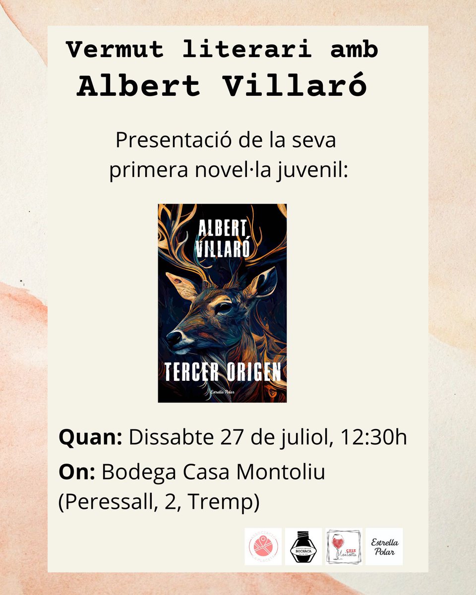📚🍷 Aquest dissabte us esperem al vermut literari que farem amb l’ <a href="/albertvillaro/">Albert Villaró</a>, on l’autor pirinenc presentarà la seva primera novel•la juvenil, ‘Tercer origen’ (<a href="/Grup62/">Grup62</a>) 

Quan: dissabte 27 de juliol, 12:30h
On: Bodega <a href="/Casamontoliu/">Casamontoliu1904</a>