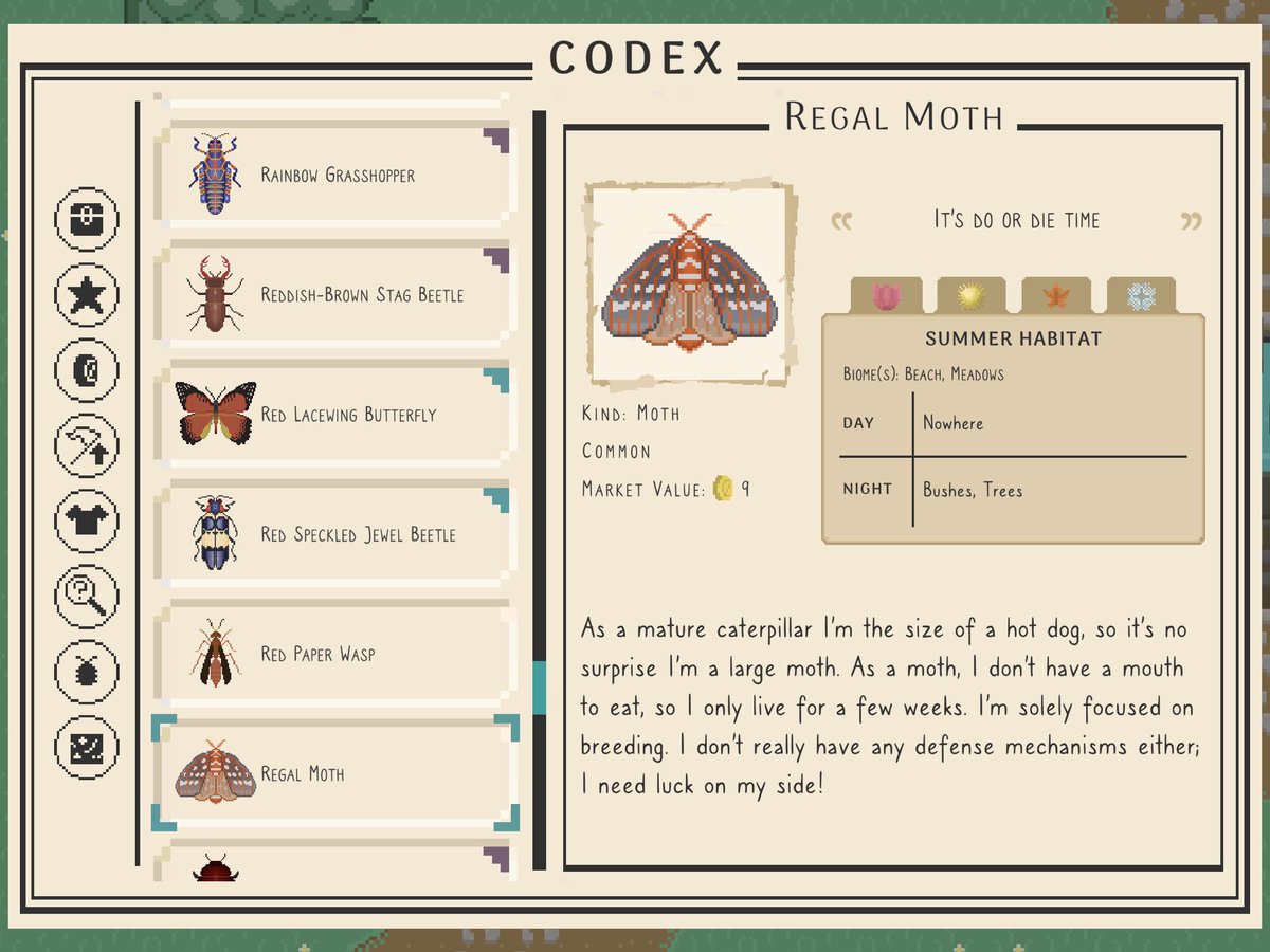 BugAndSeek's tweet photo. Bug 6 of 222: Regal Moth
Catch ‘em all in our cozy creature collector! Available on #Steam and #NintendoSwitch and #Kozee
Happy National Moth Week! https://t.co/Sv5jEitA1A