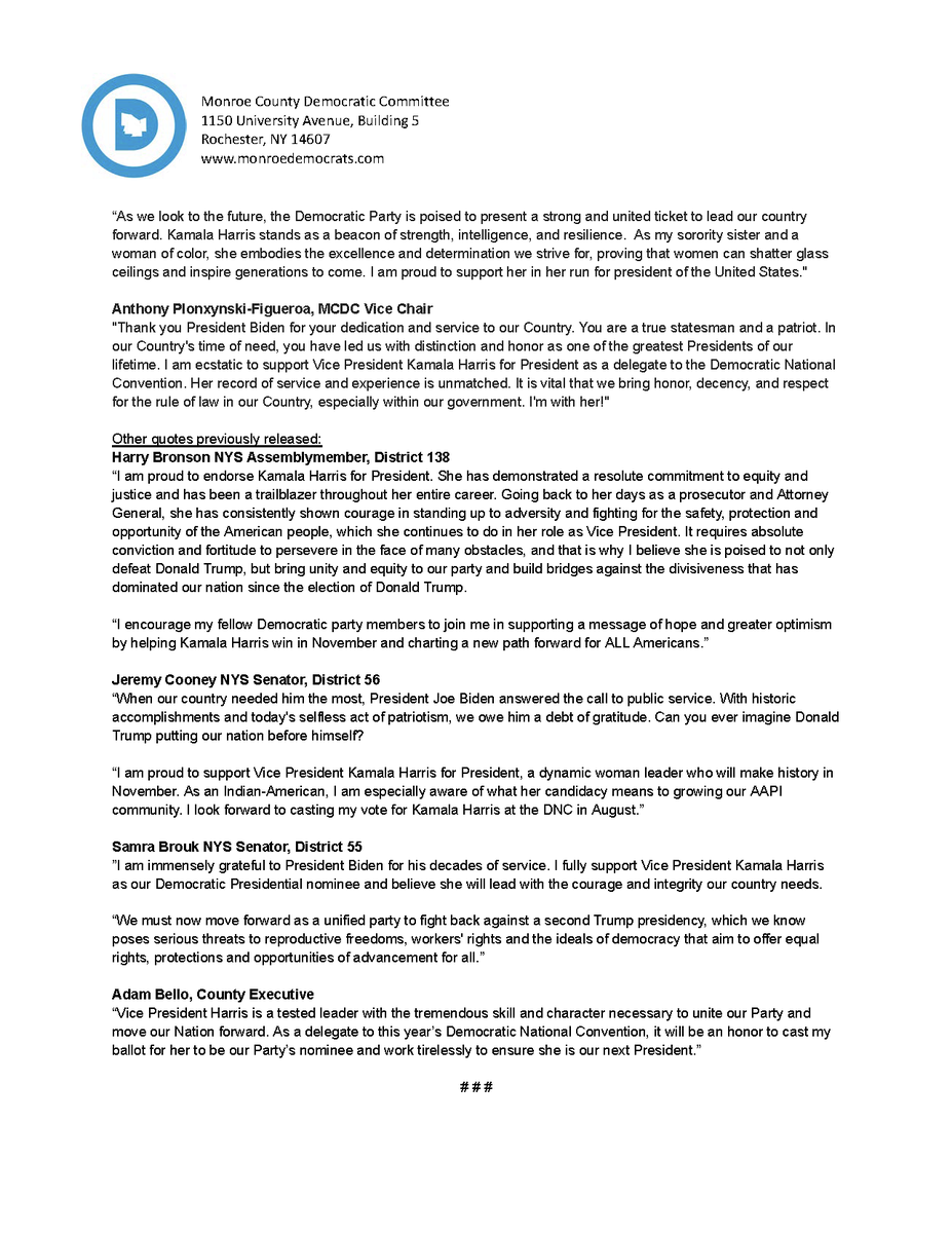 MCDC_Rochester's tweet photo. Statement from Monroe County DNC Delegates supporting Vice President Kamala Harris 

“Next month, Democratic leaders from across the country will gather in Chicago to formally nominate our Party’s  candidate for President of the United States. 
1/2 https://t.co/SllzOnRIwC