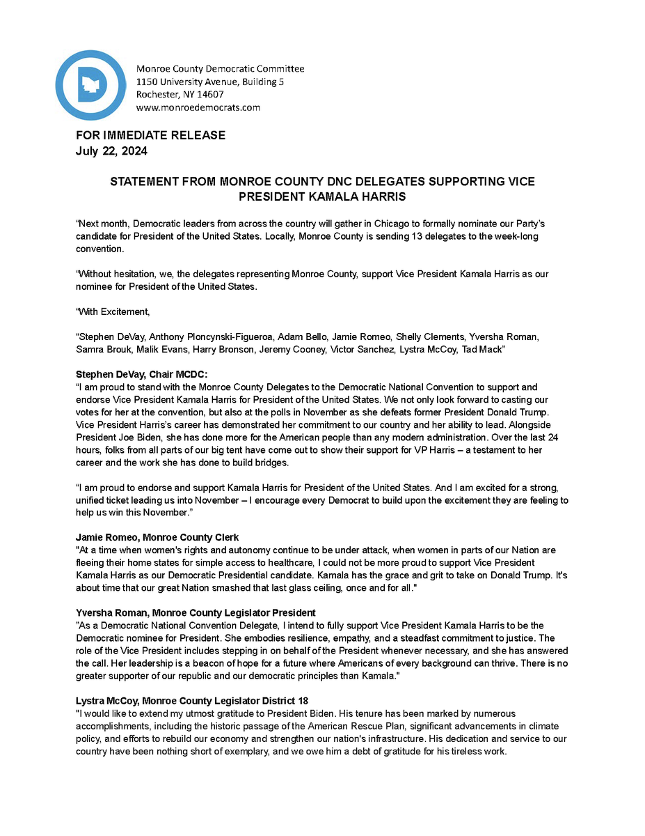 MCDC_Rochester's tweet photo. Statement from Monroe County DNC Delegates supporting Vice President Kamala Harris 

“Next month, Democratic leaders from across the country will gather in Chicago to formally nominate our Party’s  candidate for President of the United States. 
1/2 https://t.co/SllzOnRIwC