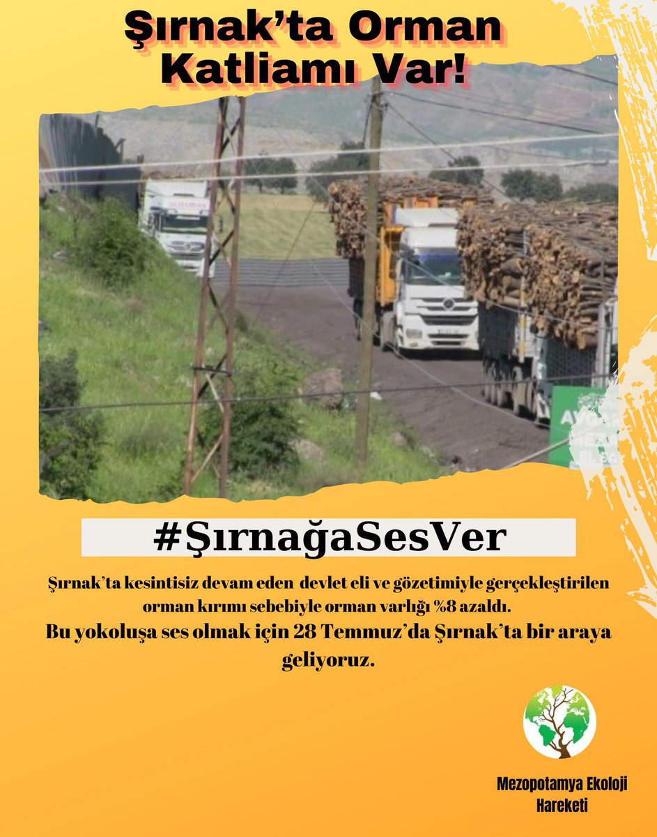 Sömürge ve talana karşı alanlardayız.
#ŞırnağaSesver

<a href="/ekolojihareketi/">Mezopotamya Ekoloji Hareketi</a> <a href="/Ebkadinmeclisi/">Ekoloji Birliği Kadın Meclisi</a>
<a href="/DEMekoloji/">DEMekoloji</a> <a href="/Ekolojidernek/">Ekoloji Derneği</a>
<a href="/EkolojiR/">Ekoloji Radarı</a> <a href="/PolenEkoloji/">POLEN Ekoloji Kolektifi</a> <a href="/SirnakBarosu/">Şırnak Barosu - Baroya Şirnexê</a> <a href="/MAturkce/">Mezopotamya Ajansı</a> <a href="/yeniyasamgazete/">Yeni Yaşam Gazetesi</a> <a href="/kazdaglariist/">Kazdağları İstanbul Dayanışması</a> <a href="/ikizkoydireniyo/">Akbelen Yuvamız Vermeyeceğiz 🌱🫒🌲</a> <a href="/Pikizdere/">İkizdere Çevre ve Ekoloji Platformu ( İÇEP )</a>