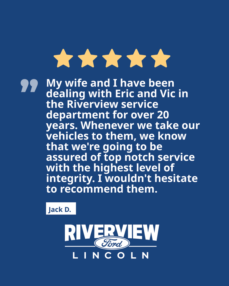 Jack, we're immensely grateful for your supportive feedback and wonderful review. We're delighted to hear you've had such excellent experiences with Eric and Vic over the years! 😊🙏🏼
ㅤ
#ThankYou #RiverviewFordLincoln #OutstandingService #CustomerAppreciation