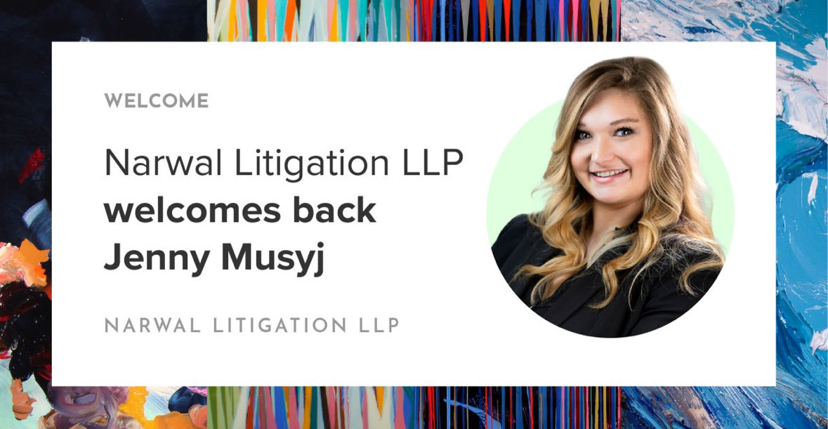 We are excited to welcome back Jenny Musyj to the firm as an Associate! Jenny articled with us before her call to the bar in 2019. Jenny graduated from Peter A. Allard School of Law at UBC and over the last five years practiced civil litigation