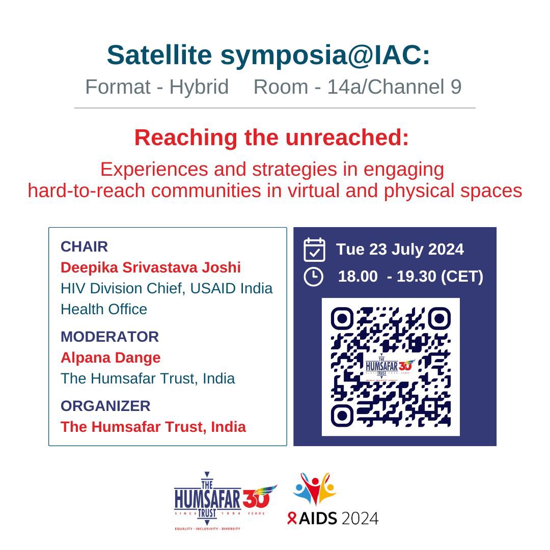 HumsafarTrust's tweet photo. We present today @AIDS_conference . Scan the QR code to listen to the incredible work being done in #India. The HST HIV program is also on the virtual space. 
Date: 23rd July,2024 Time: 9:30 pm IST
#thehumsafartrust #aidsconference2024 #germany #india #hiv #hivprogram #netreach https://t.co/VeGn6wgsD6
