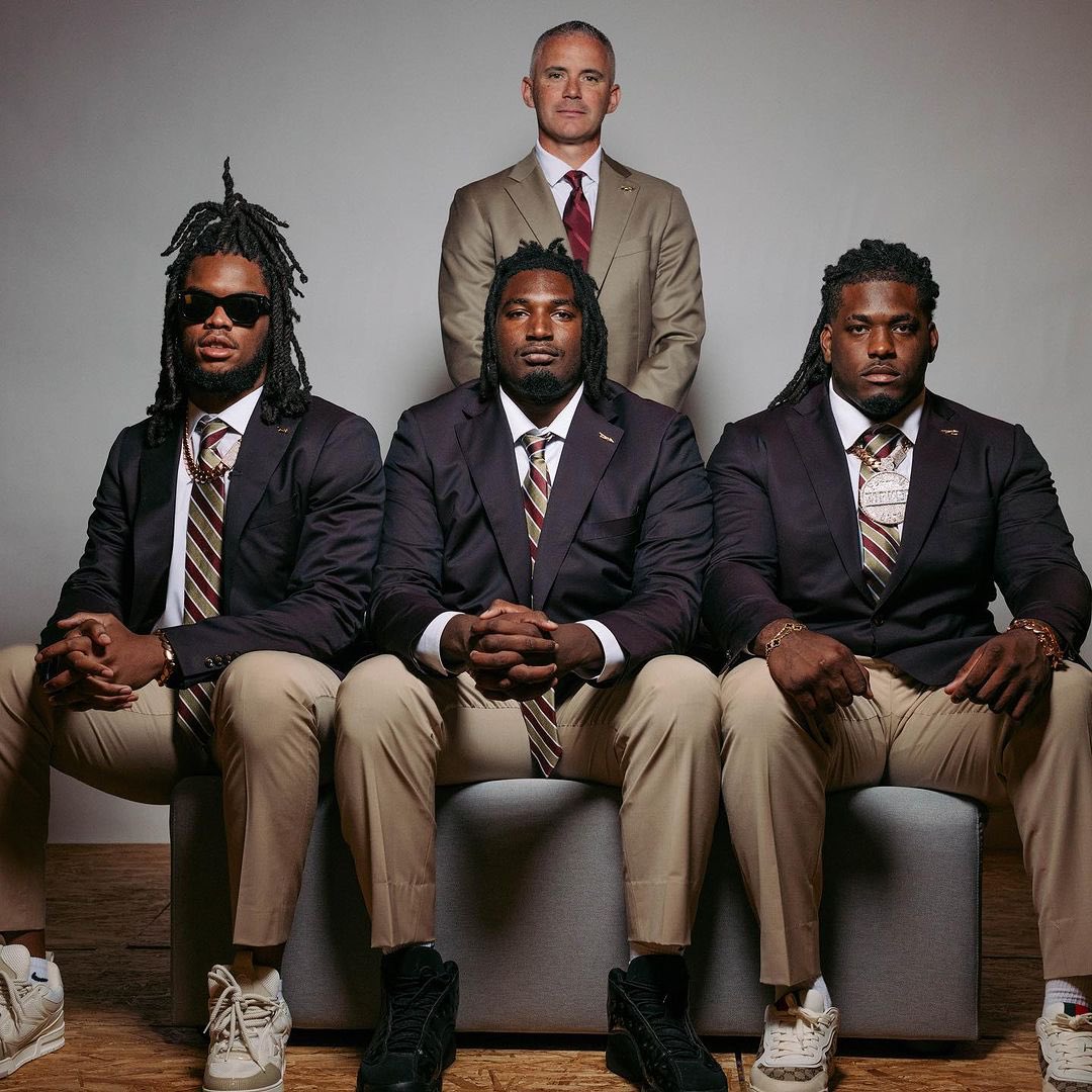 FSU HC Mike Norvell, DE Patrick Payton, LT Darius Washington, and DT Josh Farmer at ACC Kickoff. 📈📈📈