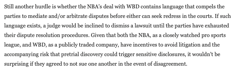 McCannSportsLaw's tweet photo. I'm not as certain as others TNT matching necessarily means it will battle the NBA in court. For one, the NBA could accept the match. Even if the NBA rejects it, arbitration language might preempt litigation. Both have reasons to avoid litigation, too: https://t.co/Dtr6BrHkwe. https://t.co/UBWU6VHB9N