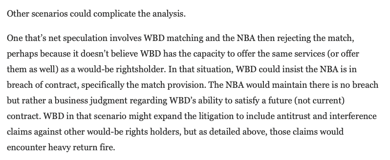 McCannSportsLaw's tweet photo. I'm not as certain as others TNT matching necessarily means it will battle the NBA in court. For one, the NBA could accept the match. Even if the NBA rejects it, arbitration language might preempt litigation. Both have reasons to avoid litigation, too: https://t.co/Dtr6BrHkwe. https://t.co/UBWU6VHB9N