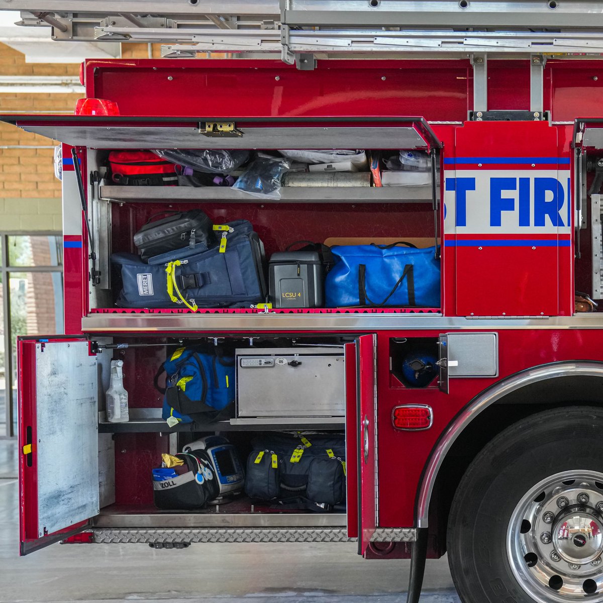 NorthwestFire's tweet photo. From the engine to the ambulance, our crews know their response vehicles inside and out! With these photos, you can too. Swipe through to see what is stored in each compartment. #Aparatus #FireService #Engine #Ambulance #Firefighters #NWFD https://t.co/6qAsykFjgf
