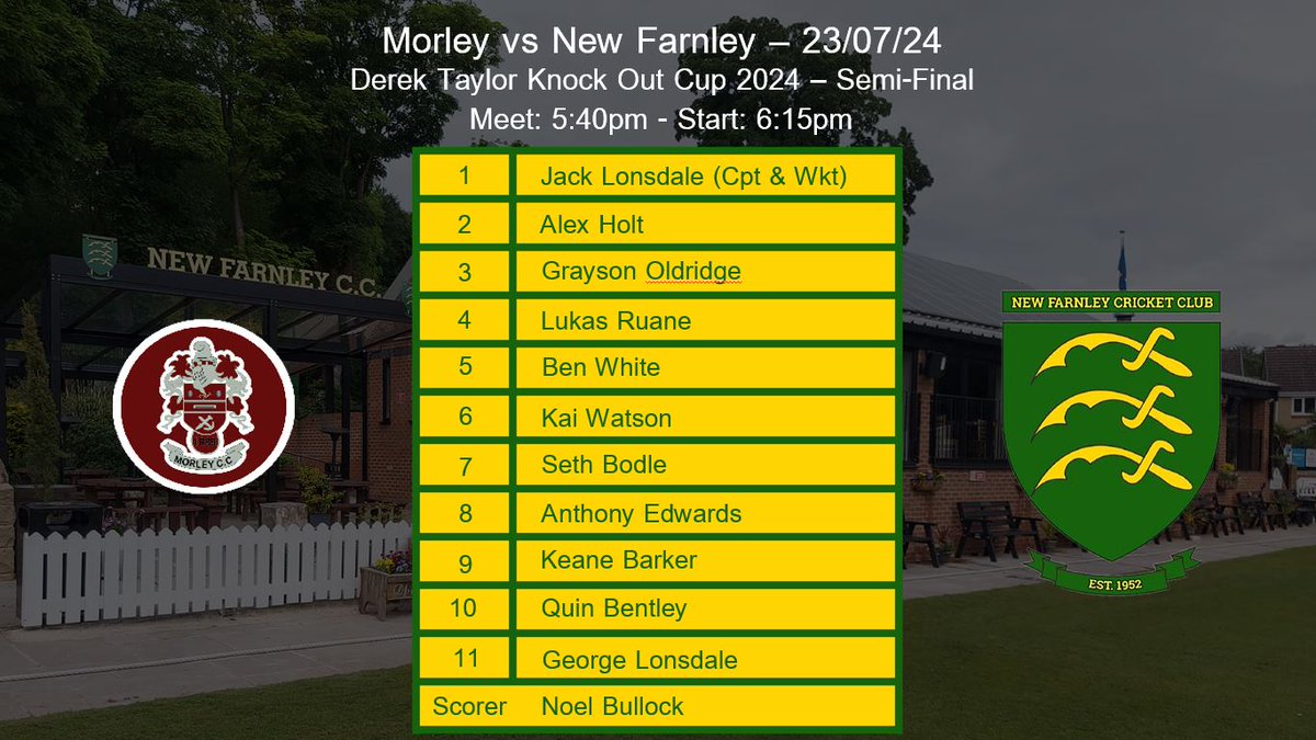 If you're stuck for something to do on Tuesday then get yourself along and watch our U18's who visit <a href="/morleycricket/">Morley Cricket Club</a> in the Derek Taylor Knock Out Cup 2024 Semi-Final, 6:15pm Start #AFAW newfarnleycc.co.uk/news/morley-vs…