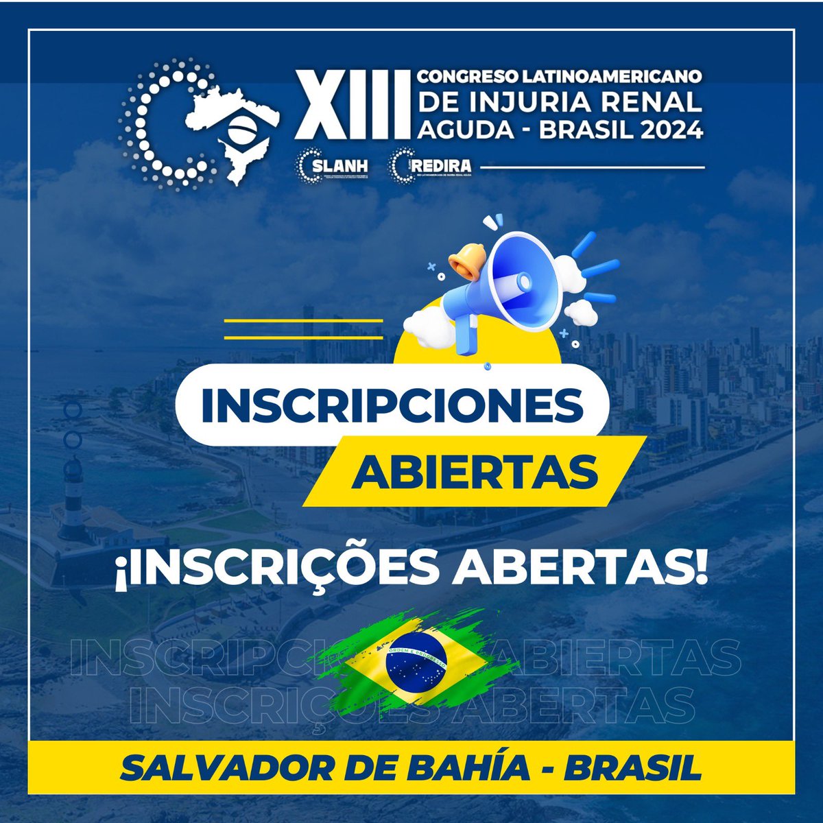 SLANH_'s tweet photo. 📢  ¡Marca tu calendario y guarda la fecha! 🗓️ 

Nos emociona anunciar el Congreso Latinoamericano de Injuria Renal Aguda 🩸✨ que se llevará a cabo del 25 al 26 de septiembre de 2024 en Salvador de Bahía, Brasil 🇧🇷. 

#InjuriaRenalAguda #REDIRA #SLANH #SaveTheDate https://t.co/Uwj0Ig7Gm7