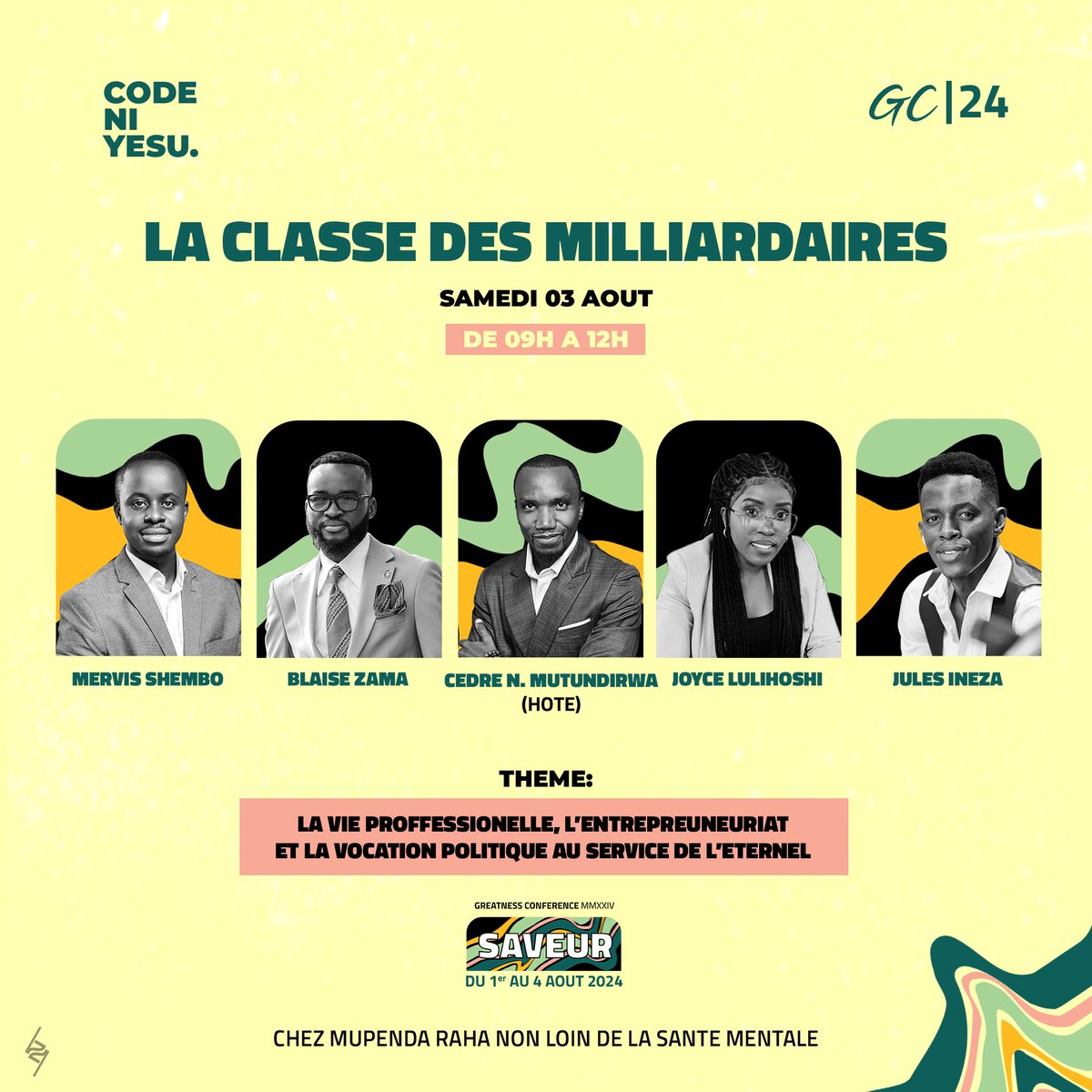 KedrosTheGreat's tweet photo. La Classe des Milliardaires (Les Bâtisseurs du Royaume)

Thème : La Vie Professionnelle, L’Entreprenariat &amp; La Vocation Politik au service de l’Eternel avec :

Mervis Shembo
Blaise Zama
Joyce Lulihoshi
Jules Ineza

Samedi 3 Août 2024 || de 9H à 12H

#CodeNiYESU #SAVEUR #GCMMXXIV https://t.co/vwaVszw7PT