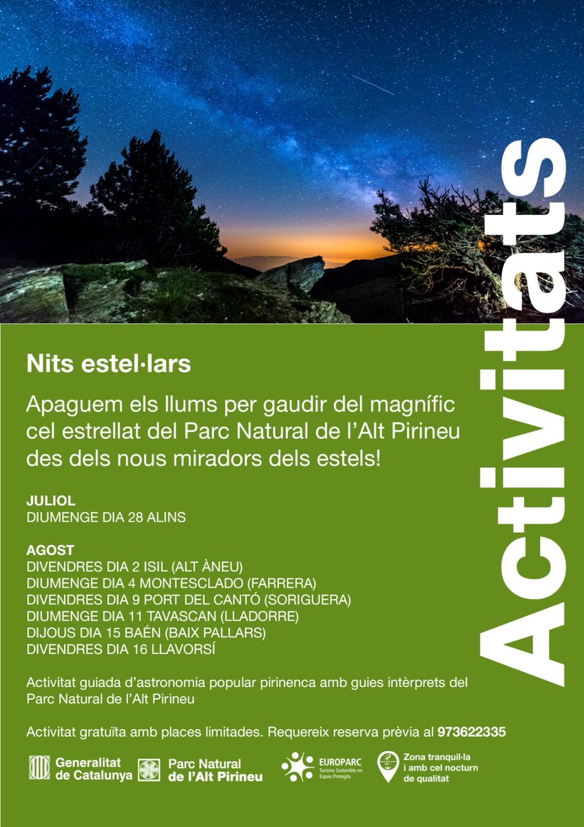 ✨ Gaudeix de les Nits Estel·lars al #PNAltPirineu! 🌌

🌠 Apaga els llums i uneix-te a nosaltres per contemplar el cel estrellat des dels nous miradors dels estels. Una experiència única d'astronomia popular pirinenca amb guies intèrprets del Parc Natural de l’Alt Pirineu.