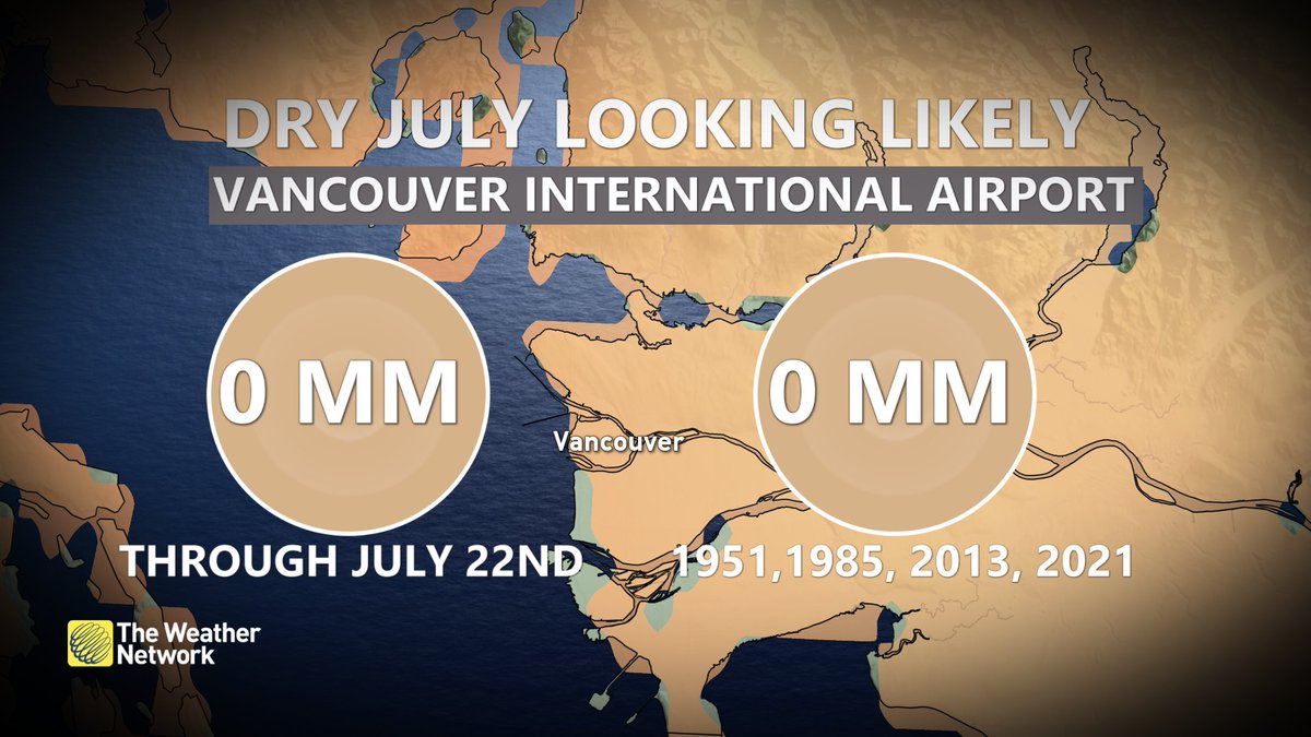 50ShadesofVan's tweet image. Making a run at a bone-dry July, for @yvrairport. Note the decreasing frequency for this type of event. 1951, 1985, 2013, 2021, 2024? #BCDry