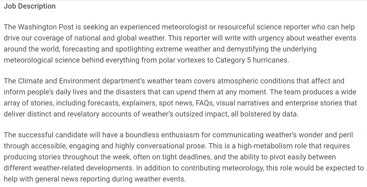 capitalweather's tweet photo. Apply now! The Post is hiring an experienced meteorologist or super weather-savvy reporter to join its weather team. This is an amazing opportunity.

Link to apply: https://t.co/BLVpOC4kq4 https://t.co/URe5iJtCA4