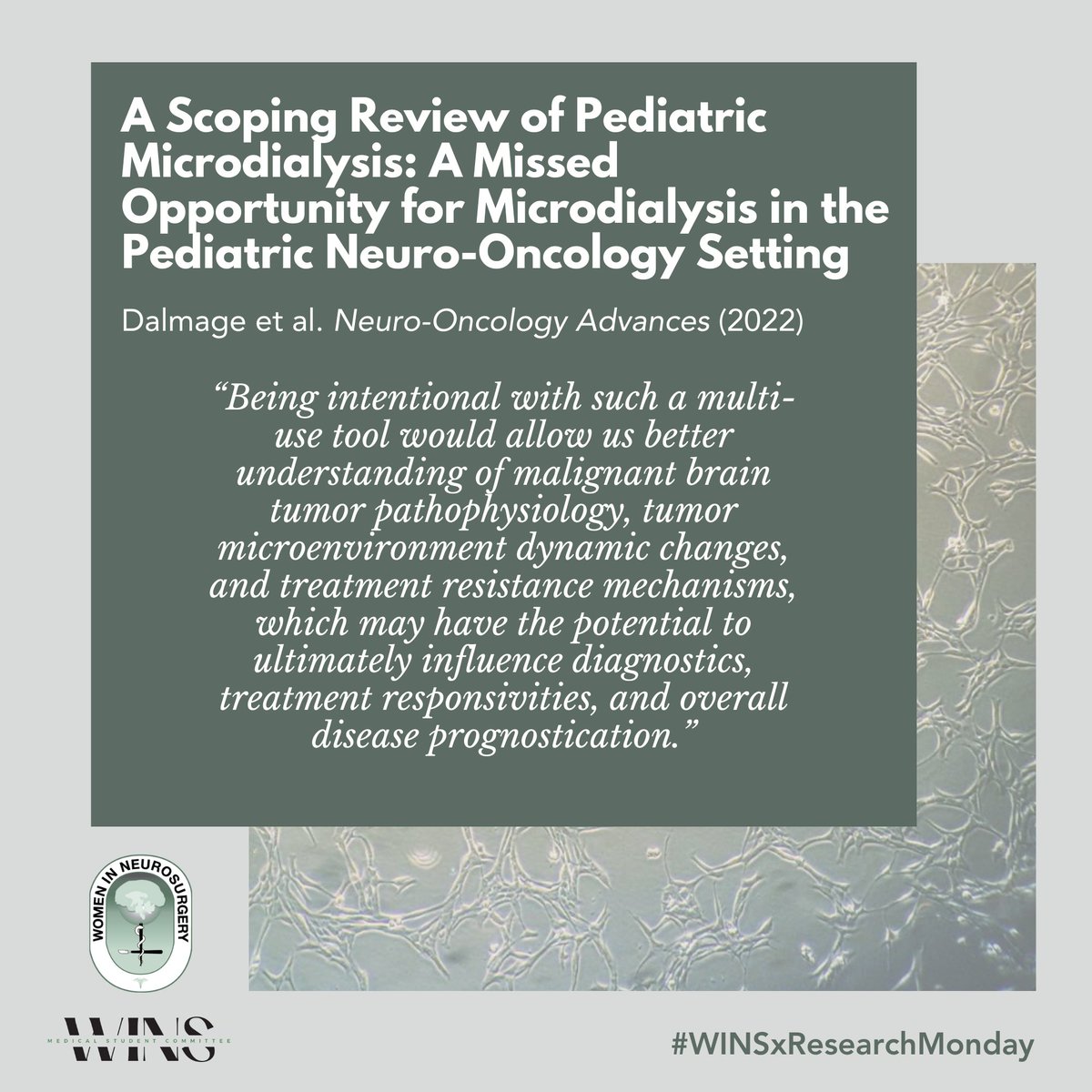 This week's #WINSxResearchMonday features exciting work being done by <a href="/DrSadhanaJ/">Dr. Sadhana Jackson, MD</a>'s lab <a href="/NIH_NINDS/">NINDS</a> in collaboration with <a href="/EmoryNeurosurg/">Emory Neurosurgery</a>'s <a href="/EKNduom/">Edjah Nduom, MD (he/him)</a> using #microdialysis for monitoring treatment response in #pediatric brain tumors