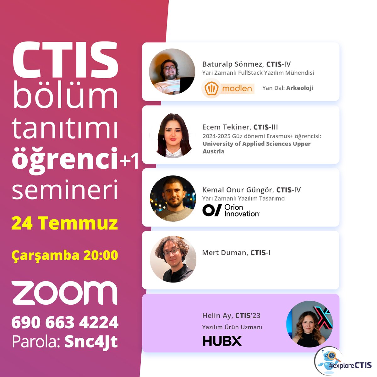 CTIS'i CTIS'çilerden dinleyin! Dört CTIS öğrencisi ve bir CTIS mezunu siz adayların sorularını cevaplıyor. 24 Temmuz Çarşamba, saat 20:00'de öğrenci perspektifinden CTIS'i tanımak için Zoom'a bekliyoruz: 
Toplantı Kimliği: 690 663 4224
Parola: Snc4Jt
#exploreCTIS