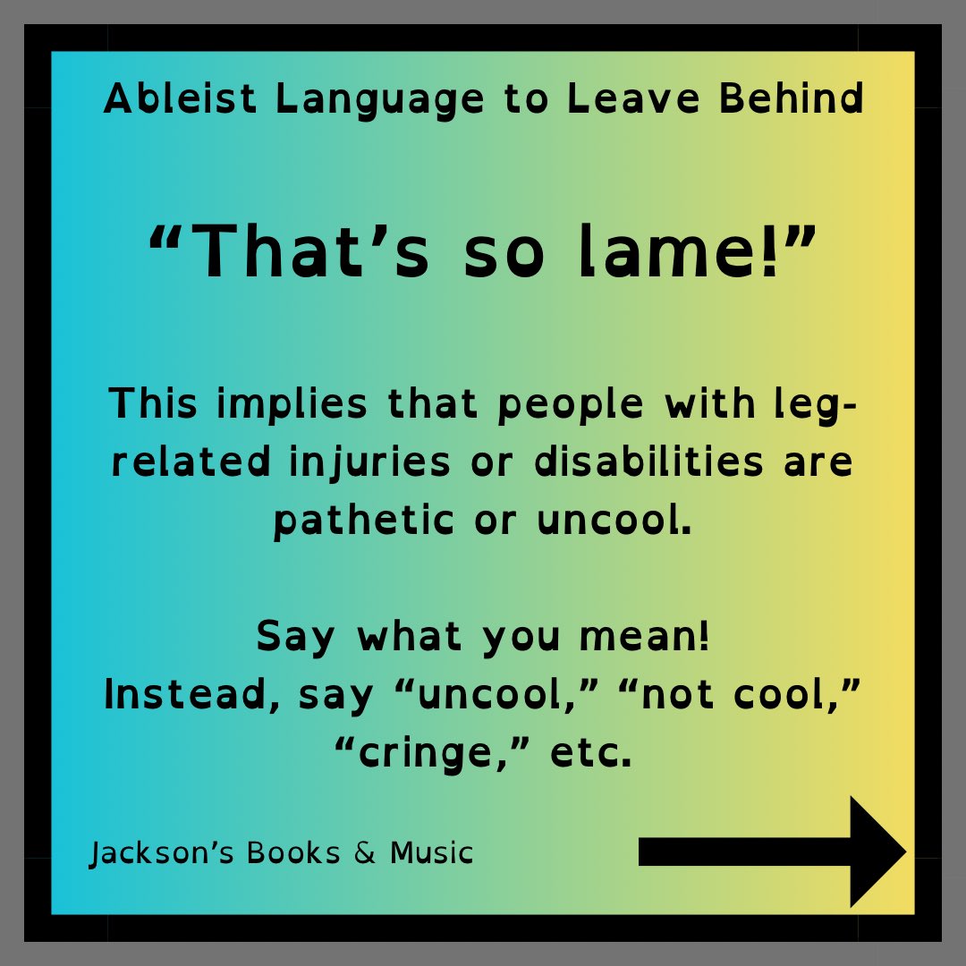 jxbooksandmusic's tweet image. Ableist language to leave behind!

What’s a book you love that has great disability representation?

And what language (and alternatives) would you add to this list?

1/2

#DisabilityPrideMonth #SensitivityReader