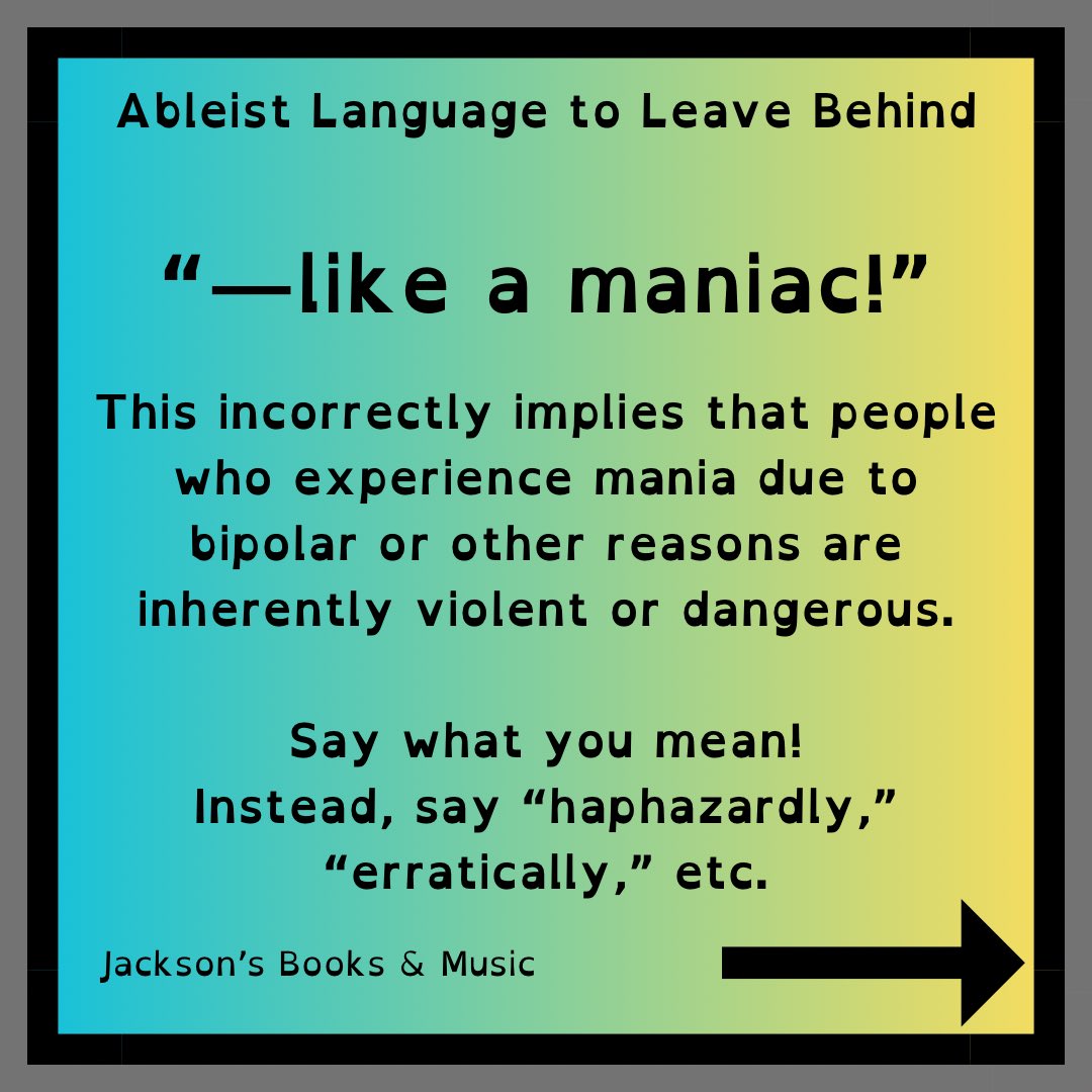 jxbooksandmusic's tweet image. Ableist language to leave behind!

What’s a book you love that has great disability representation?

And what language (and alternatives) would you add to this list?

1/2

#DisabilityPrideMonth #SensitivityReader
