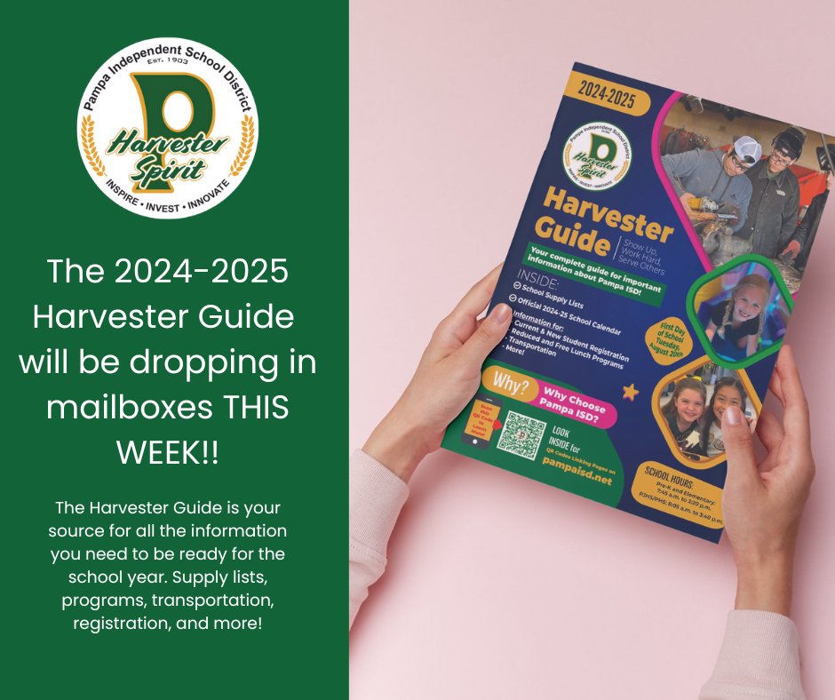 The 2024-2025 Harvester Guide will be dropping in mailboxes THIS WEEK! The Harvester Guide is your source for all of the information you need to be ready for the school year. Supply lists, programs, transportation information, registration, and more!