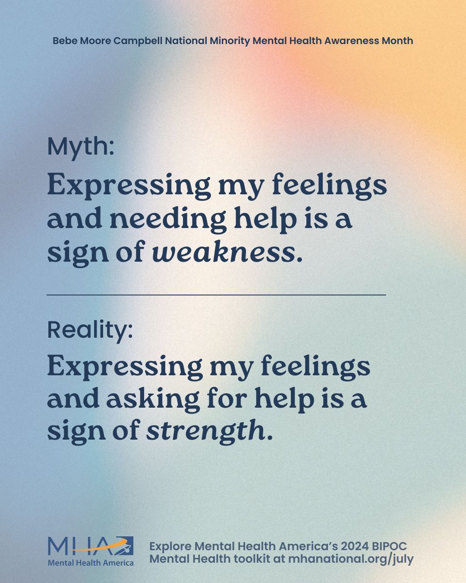mhawvr's tweet photo. Myth: Mental illness is a white people problem.
Reality: We ALL have mental health and deserve proper care.
Learn more about BIPOC mental health at https://t.co/Ux2jaR9arN. https://t.co/ncMm418T7B